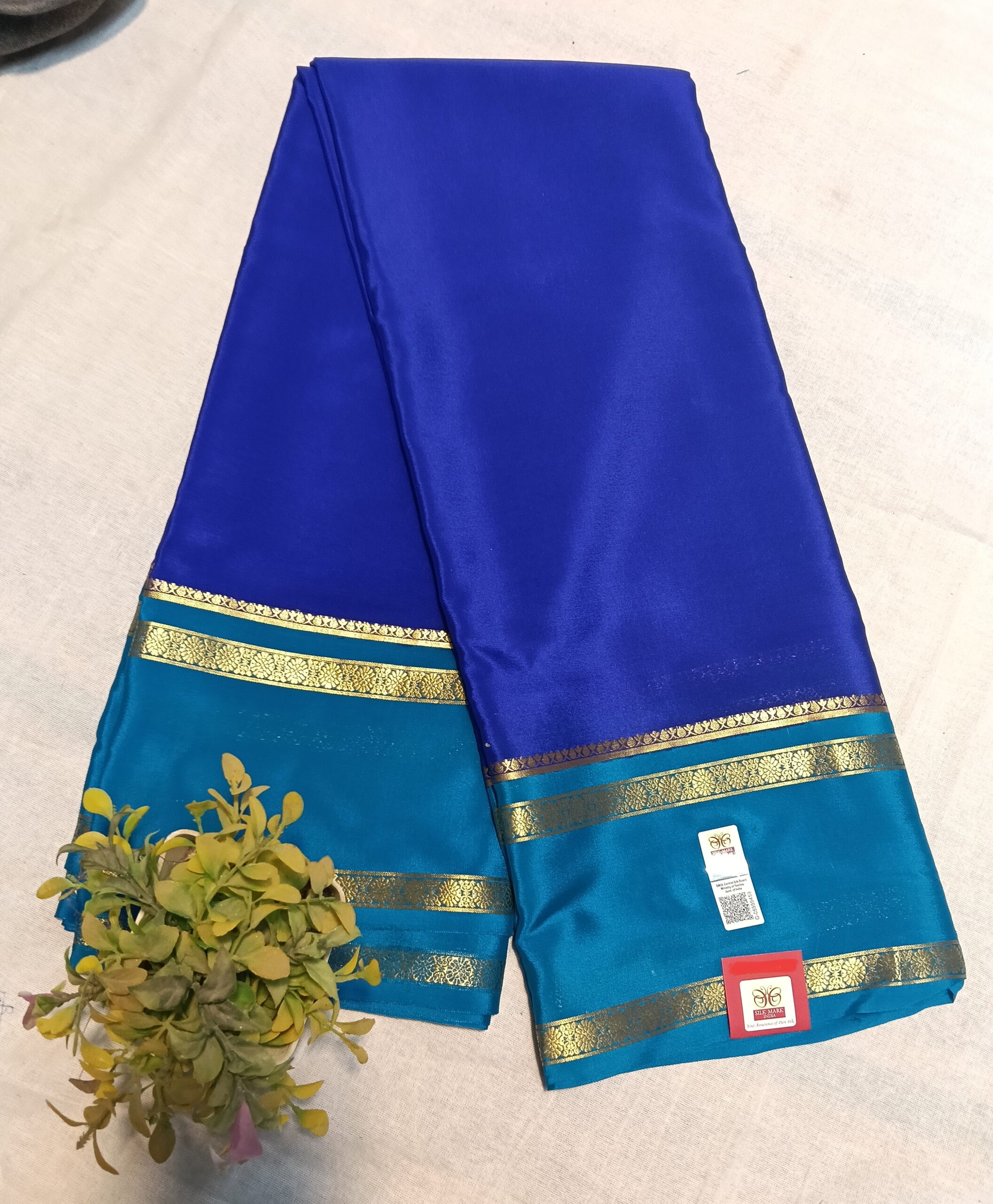 Mysore Crepe Silk Blue Saree with Gold Zari Bentex Border - Image 2
