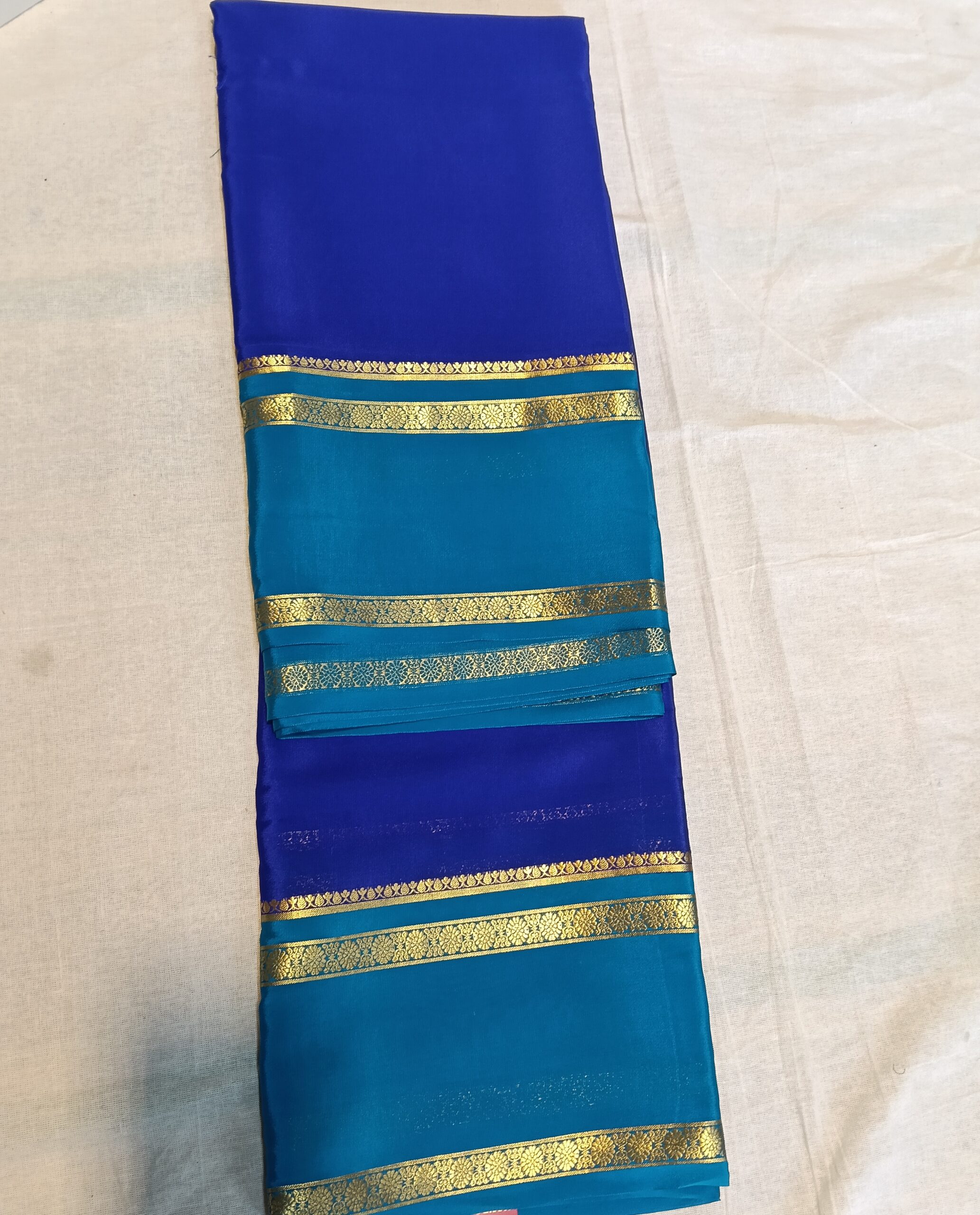 Mysore Crepe Silk Blue Saree with Gold Zari Bentex Border - Image 3