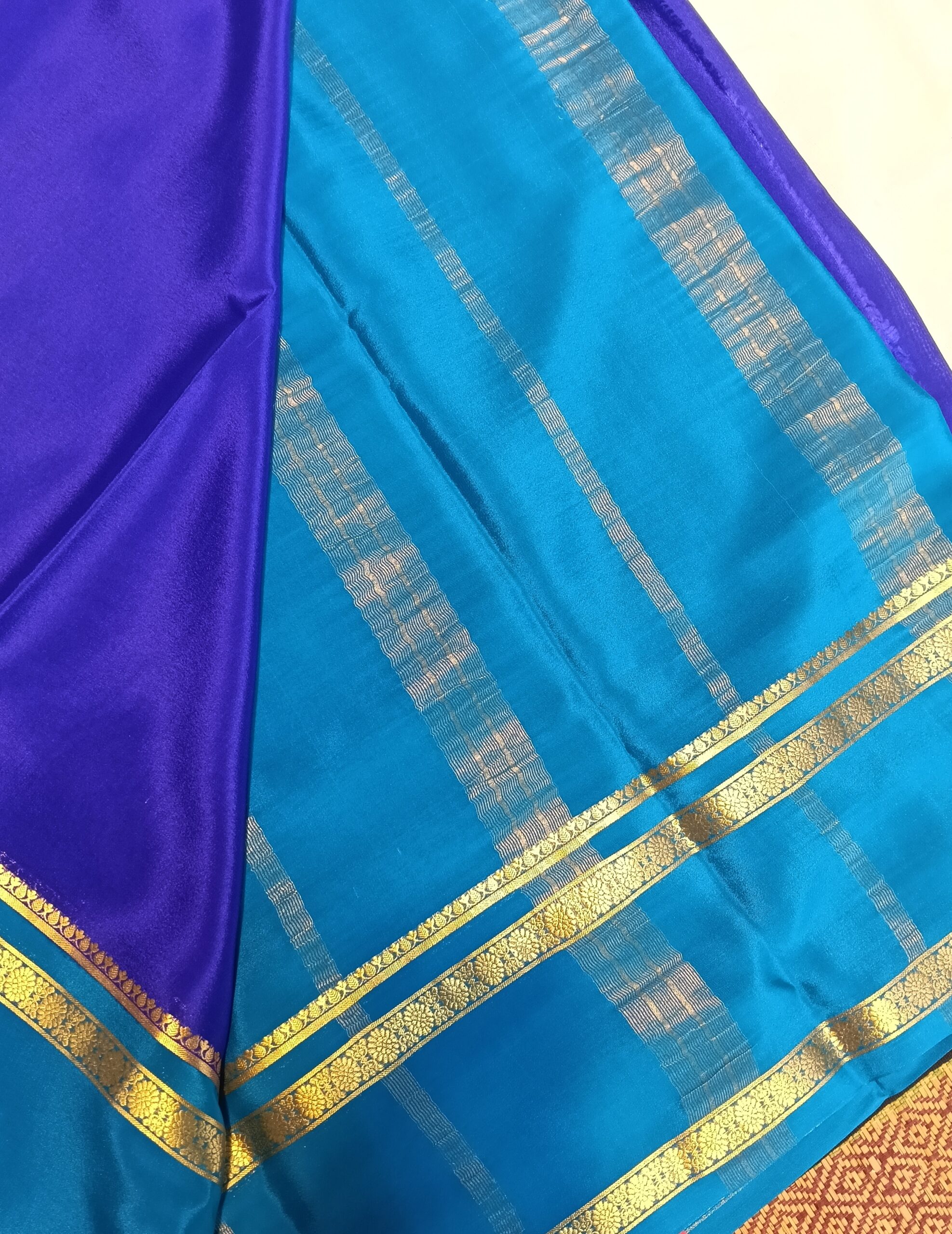 Mysore Crepe Silk Blue Saree with Gold Zari Bentex Border - Image 4