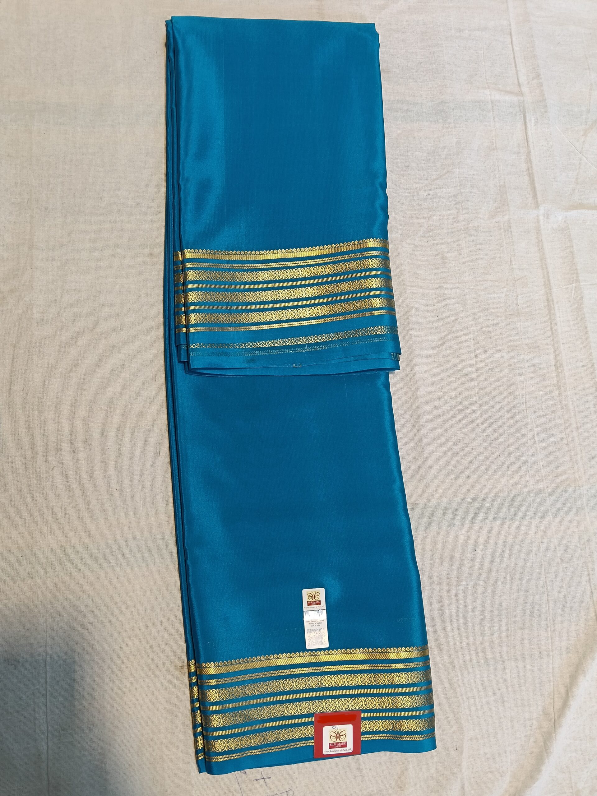 Blue Mysore Crepe Silk Saree with Gold Floral Border - Image 3