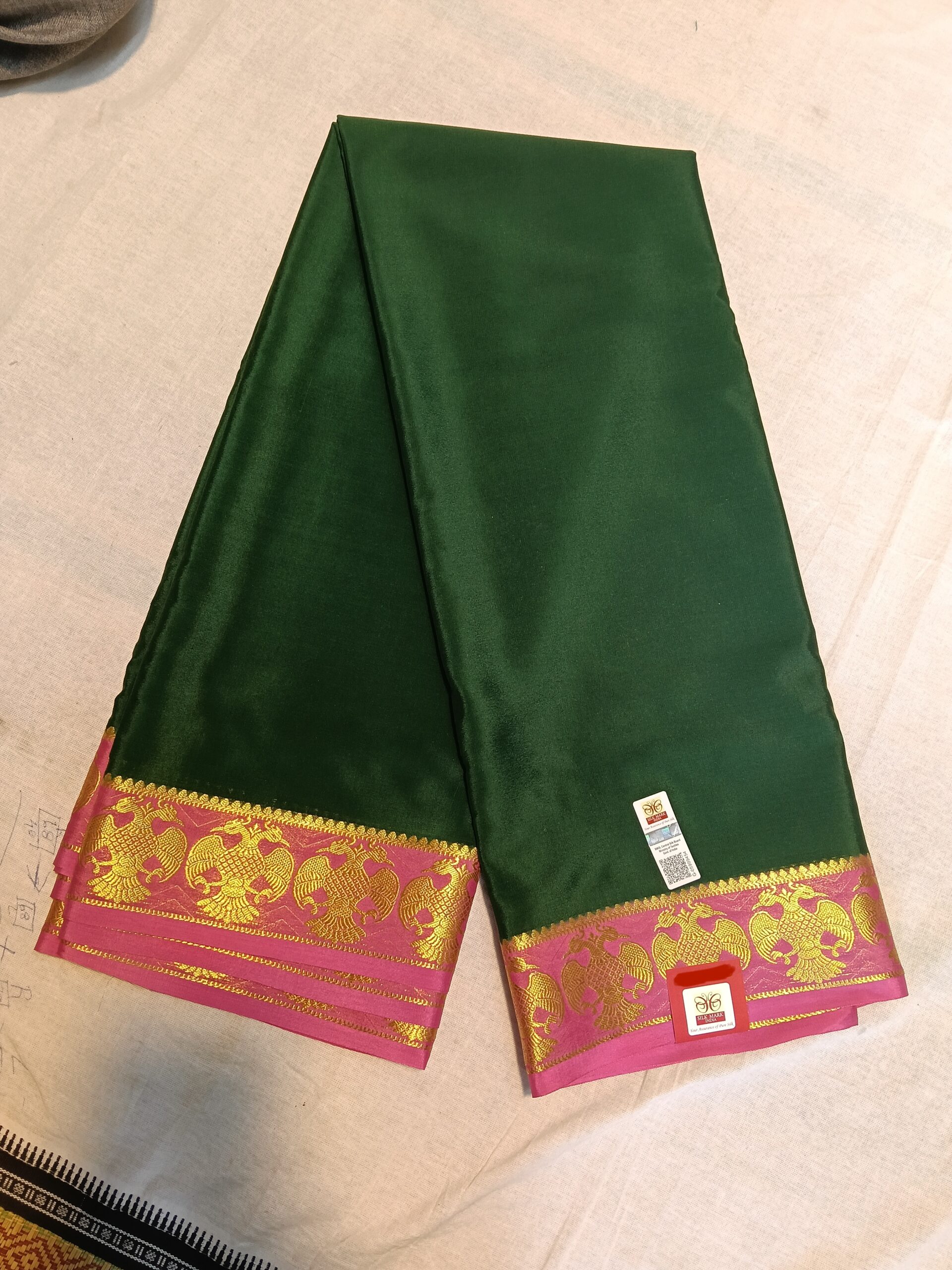 Green Mysore Crepe Silk Saree with Pink Border & Gold Gandaberunda Prints - Image 2