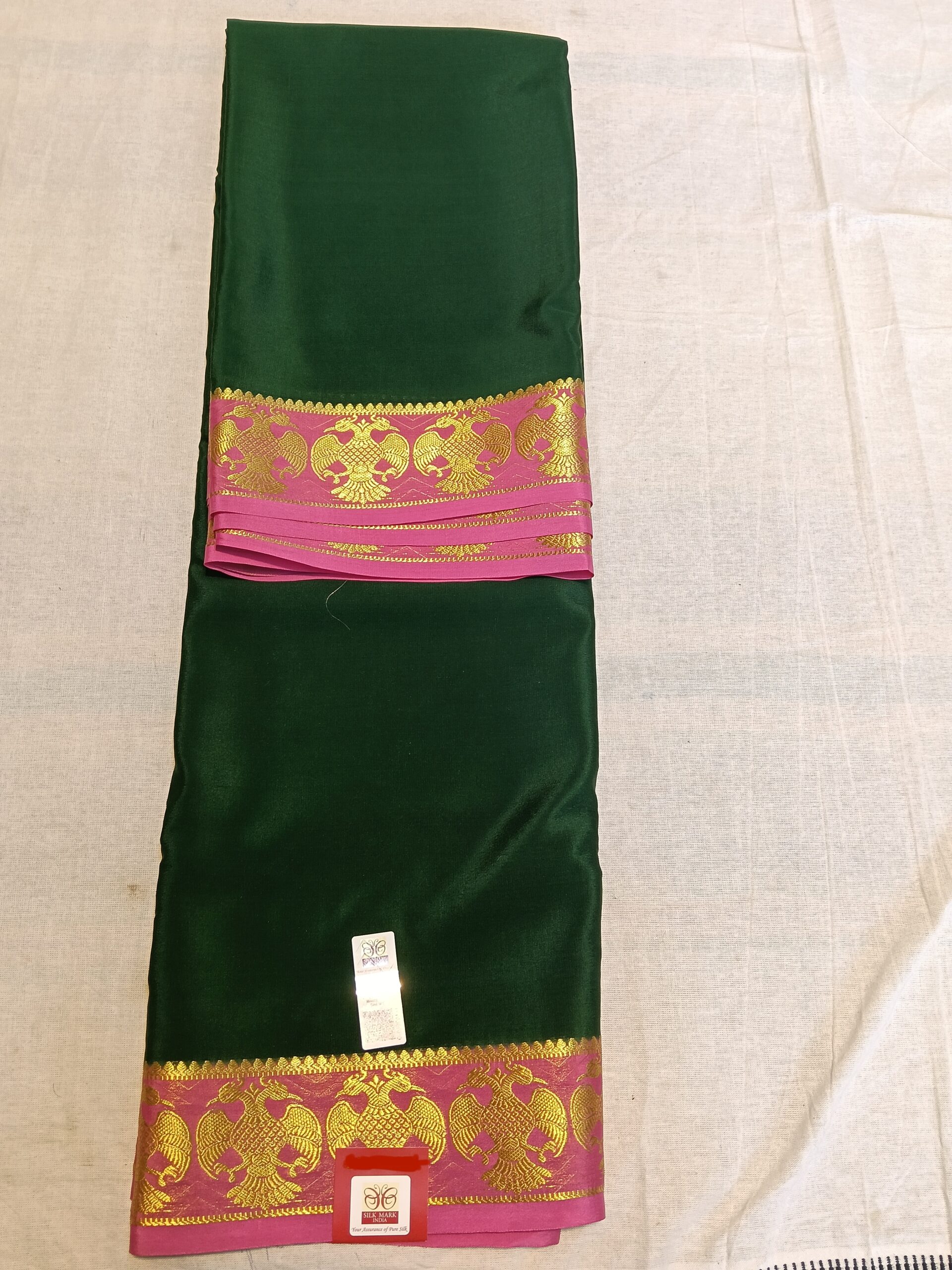 Green Mysore Crepe Silk Saree with Pink Border & Gold Gandaberunda Prints - Image 3
