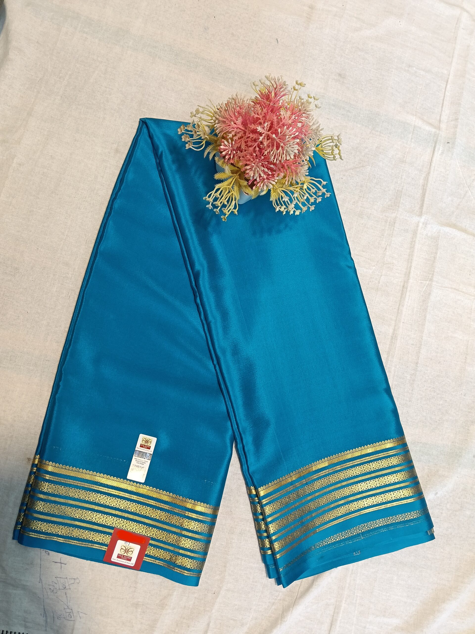 Blue Mysore Crepe Silk Saree with Gold Floral Border - Image 2