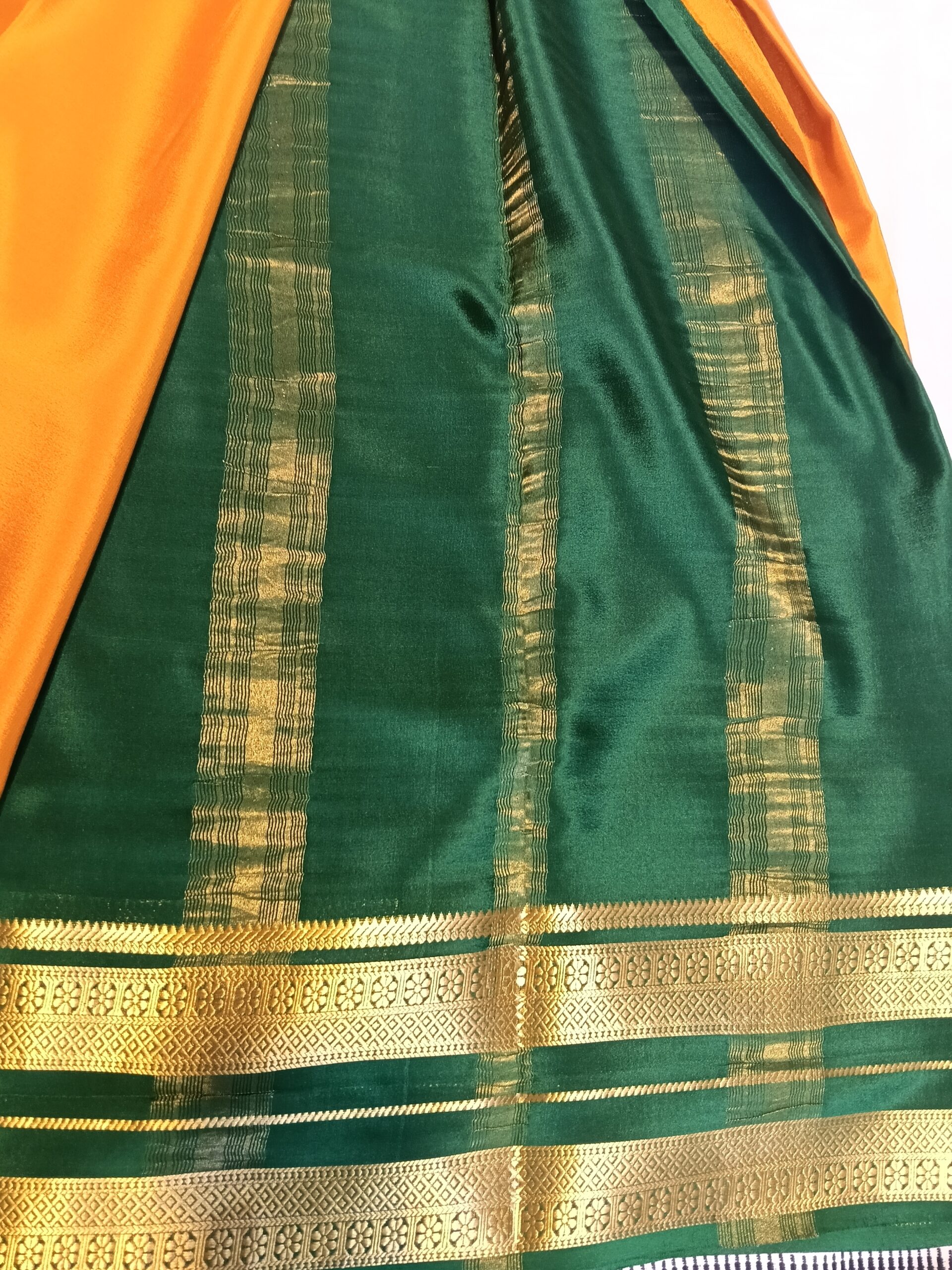 Orange Mysore Crepe Silk Saree with Green Border & Gold Floral Prints - Image 5
