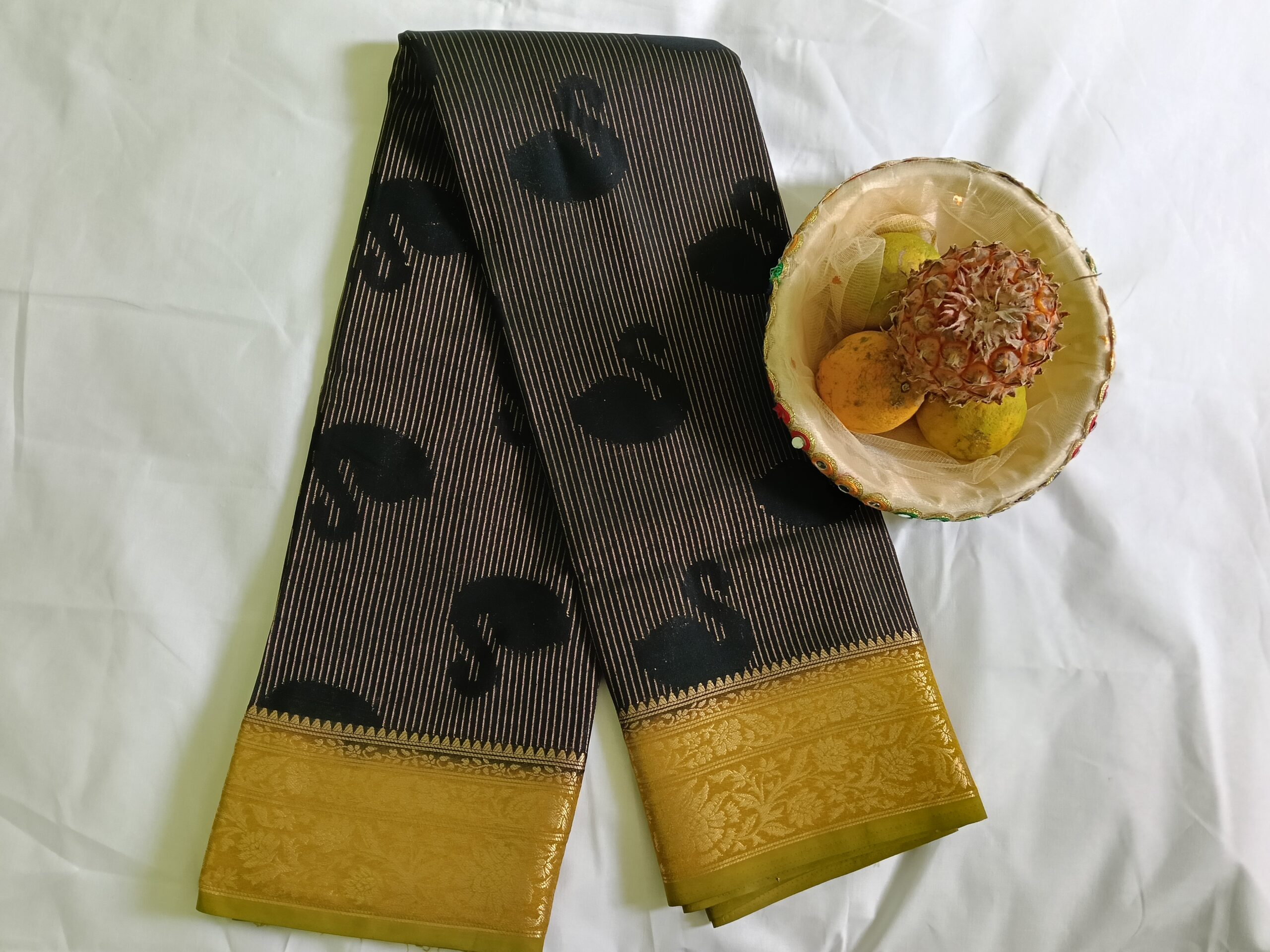 Jet Black Green Border Swan Print Semi Silk Saree - Image 3