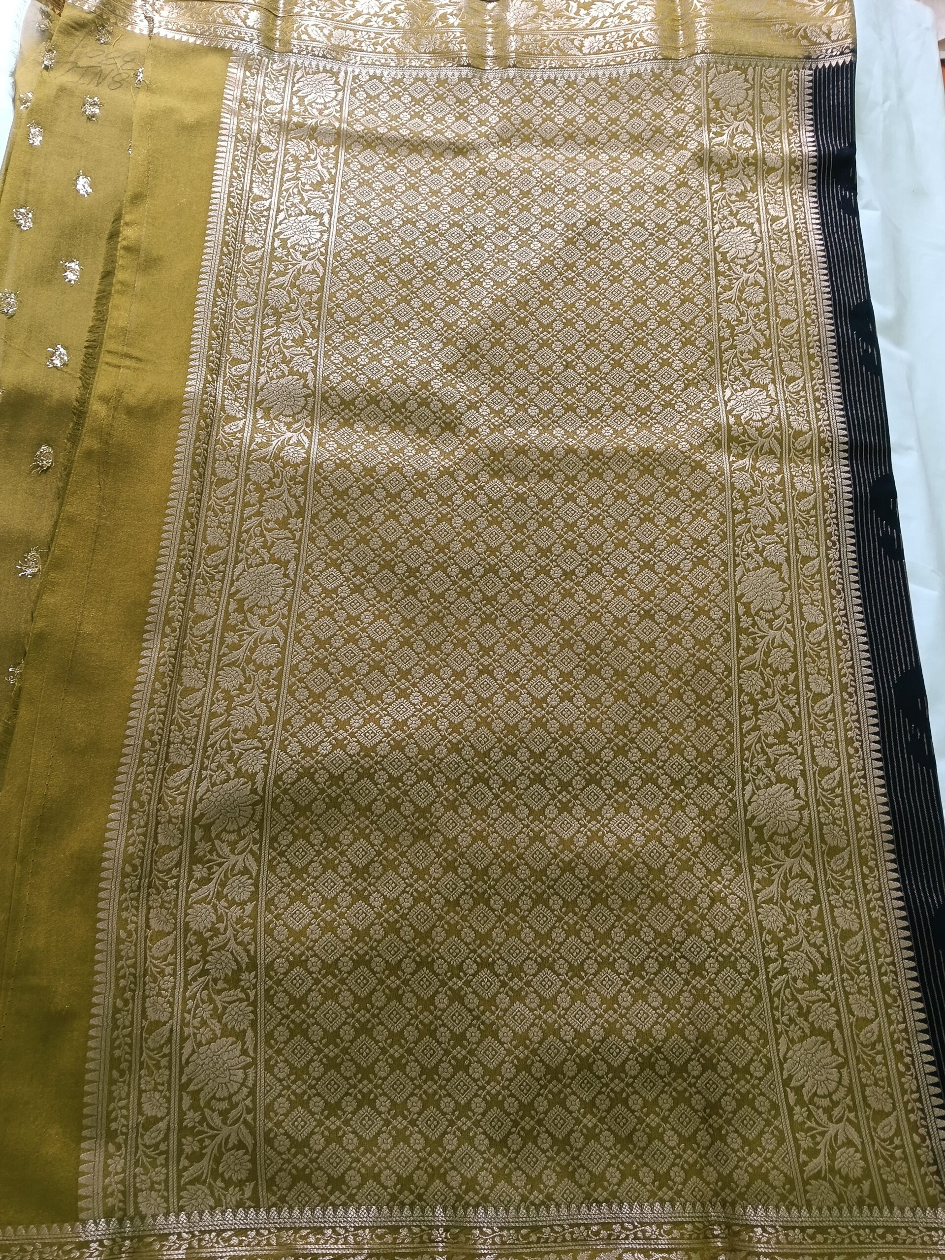 Jet Black Green Border Swan Print Semi Silk Saree - Image 4