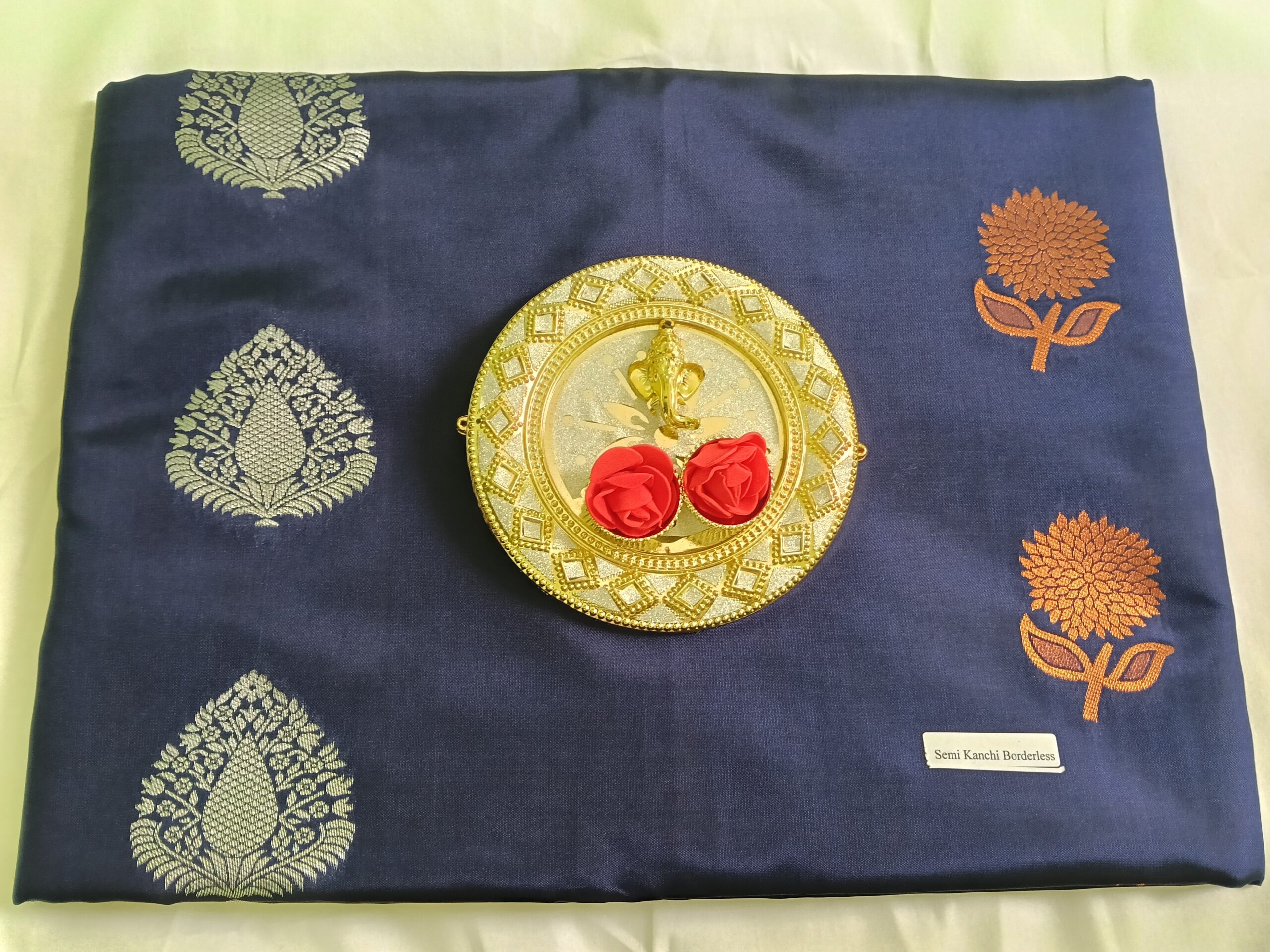 Blue Semi Kanchipuram Saree with Green & Gold-Silver Prints(Border Less) - Image 2