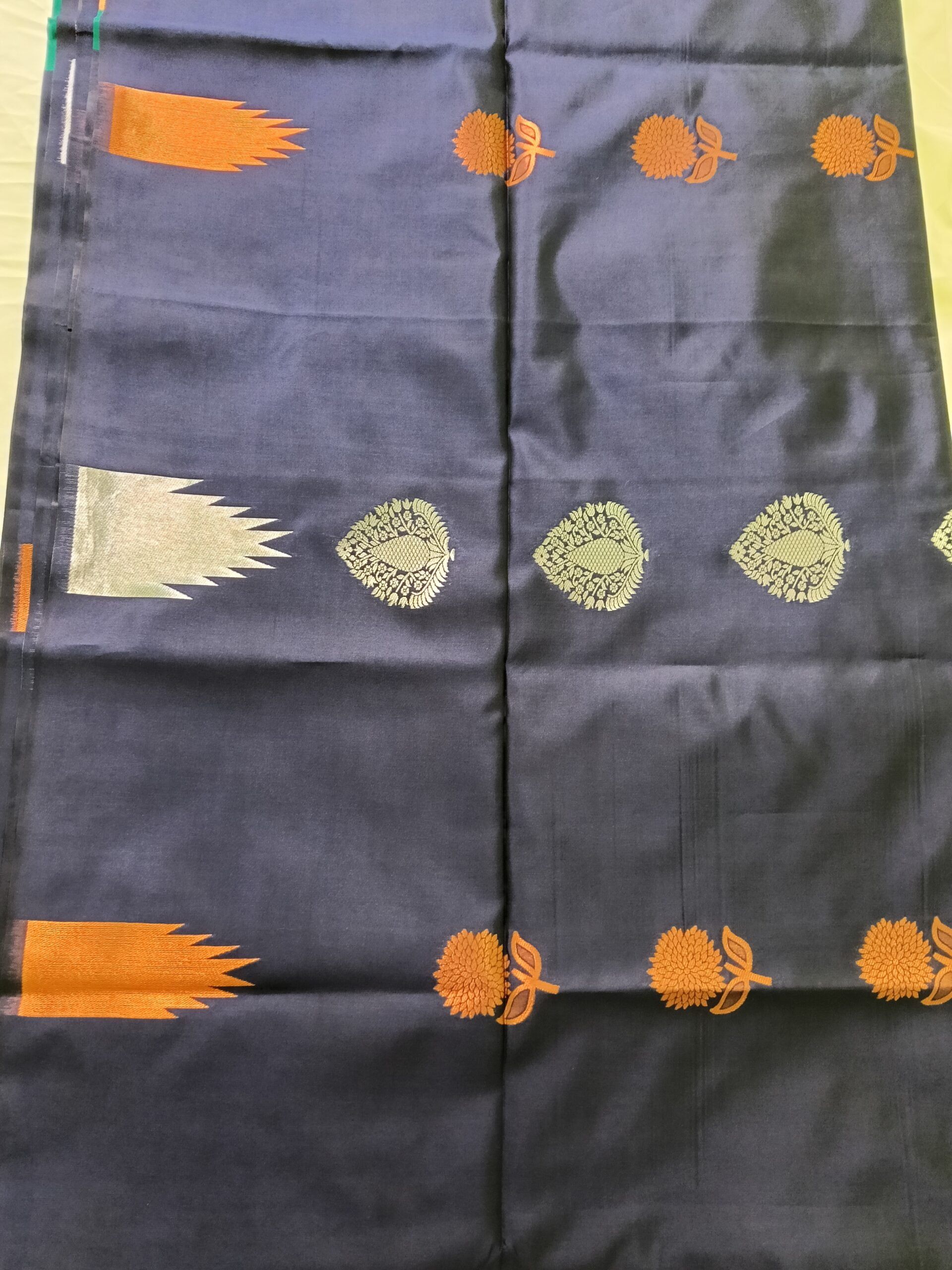 Blue Semi Kanchipuram Saree with Green & Gold-Silver Prints(Border Less) - Image 6