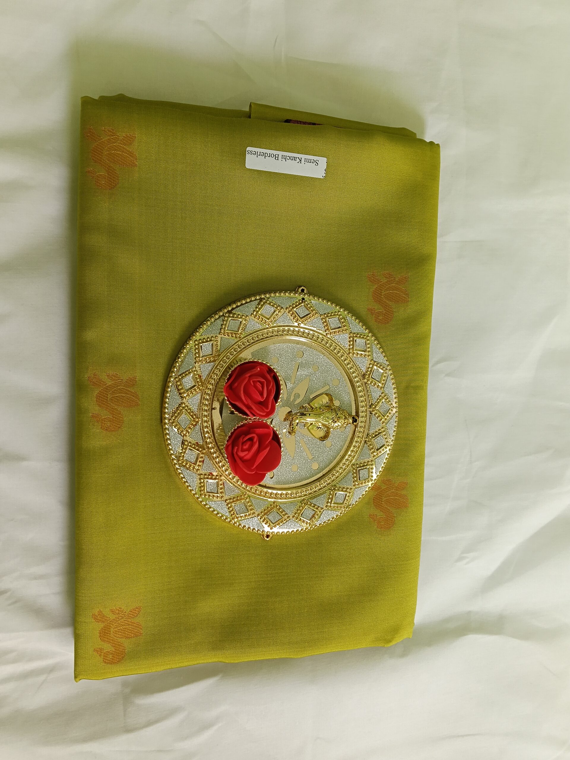 Green Semi Kanchipuram Saree with Purple-Gold Peacock Pallu(Border Less) - Image 2