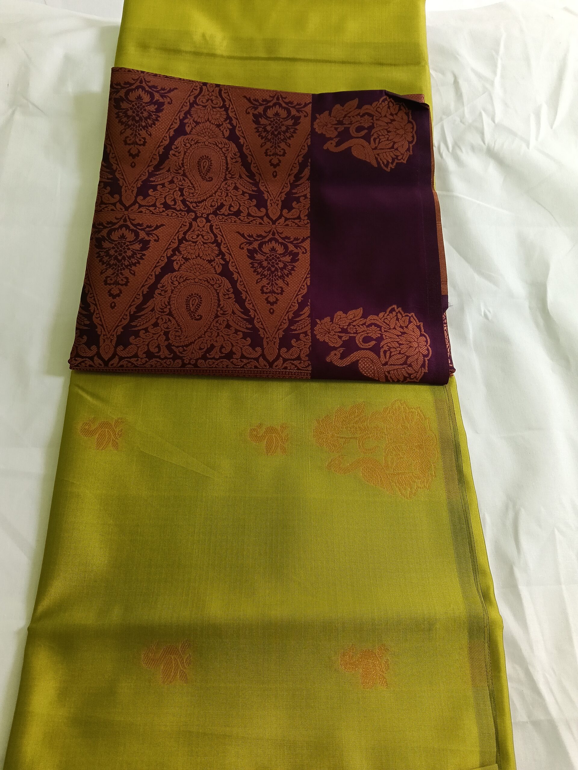 Green Semi Kanchipuram Saree with Purple-Gold Peacock Pallu(Border Less) - Image 3