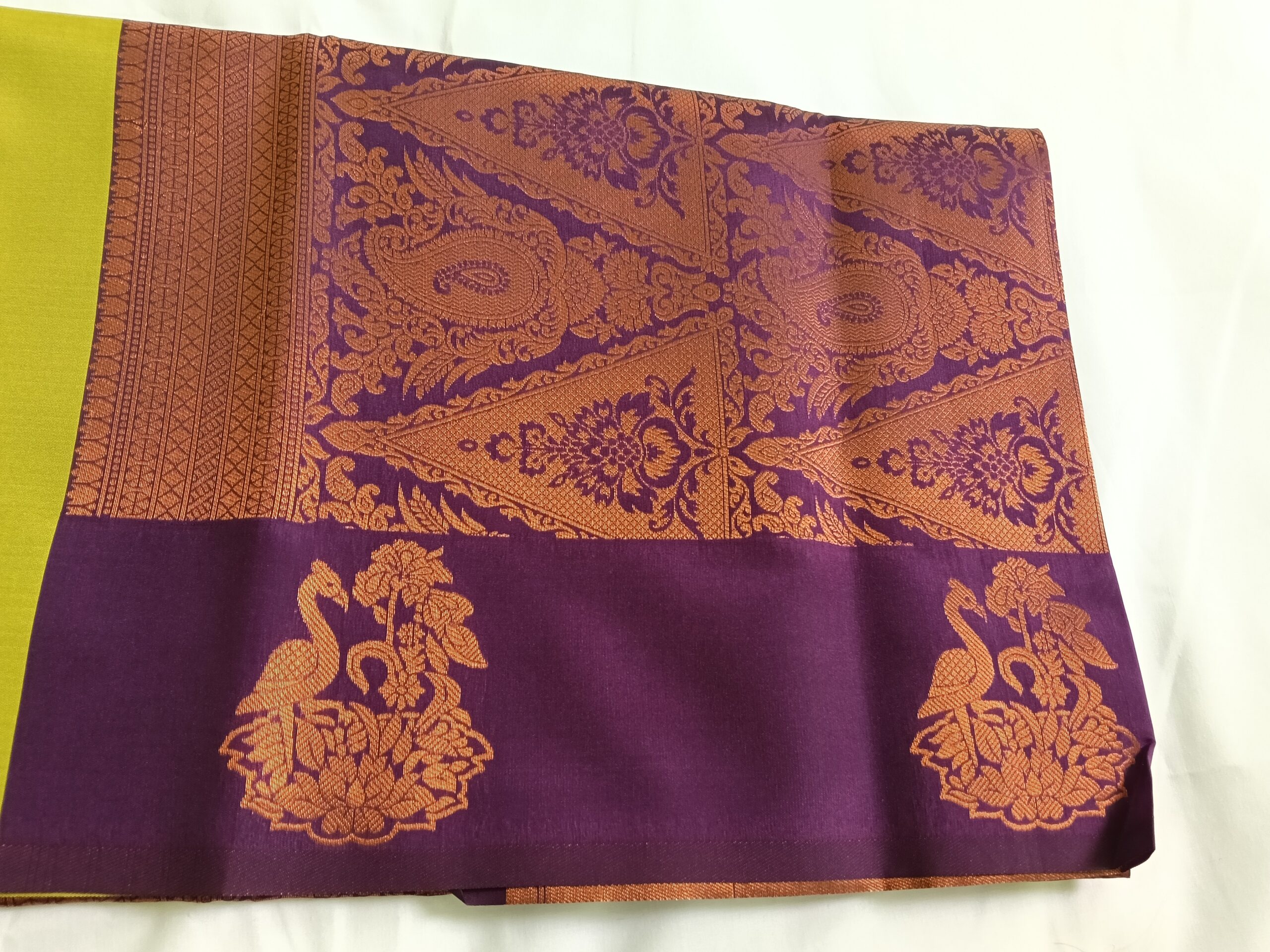 Green Semi Kanchipuram Saree with Purple-Gold Peacock Pallu(Border Less) - Image 6