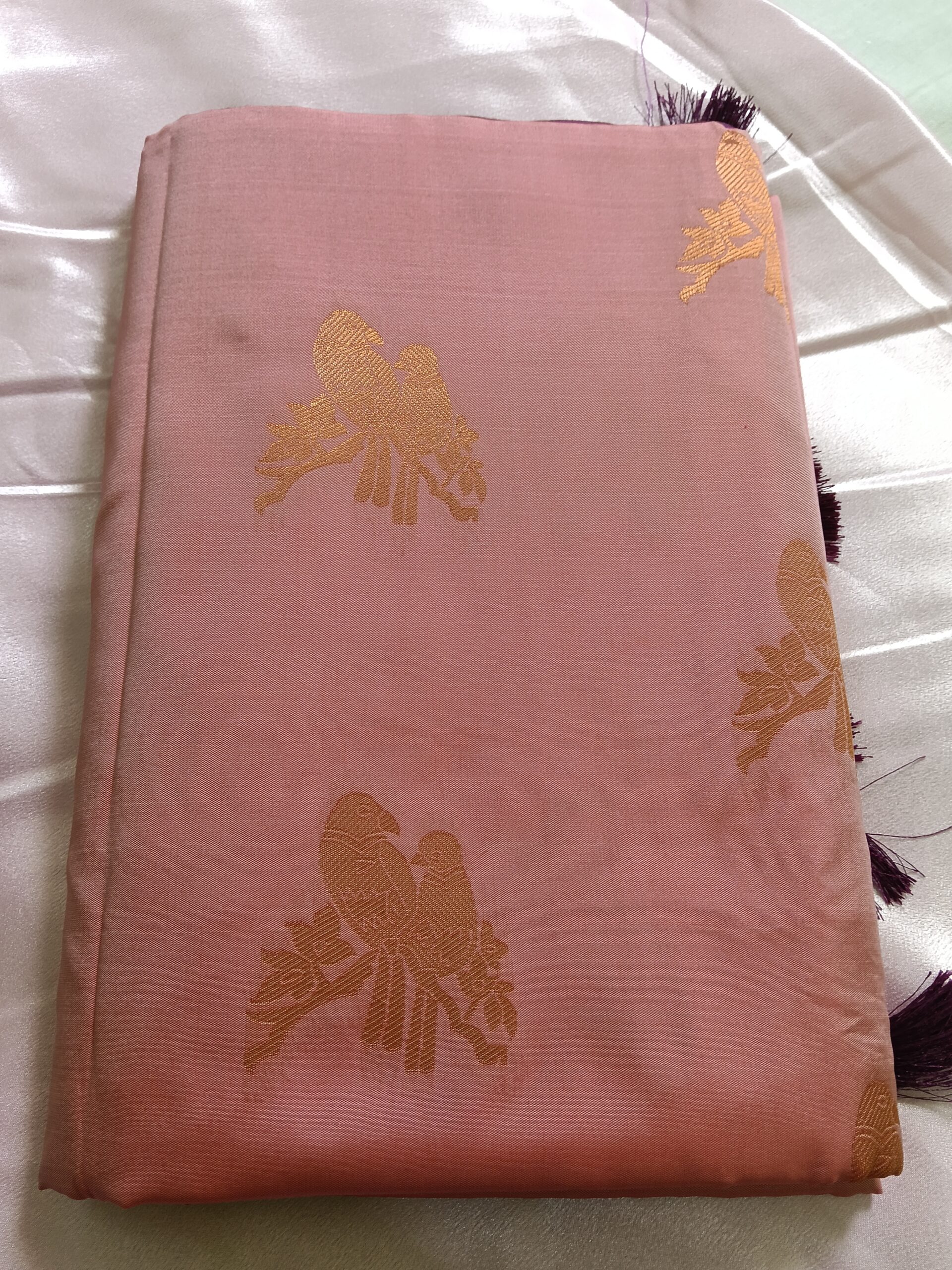 Pink Semi Kanchipuram Saree with Purple-Pallu Gold Parrot & Peacock Prints - Image 3