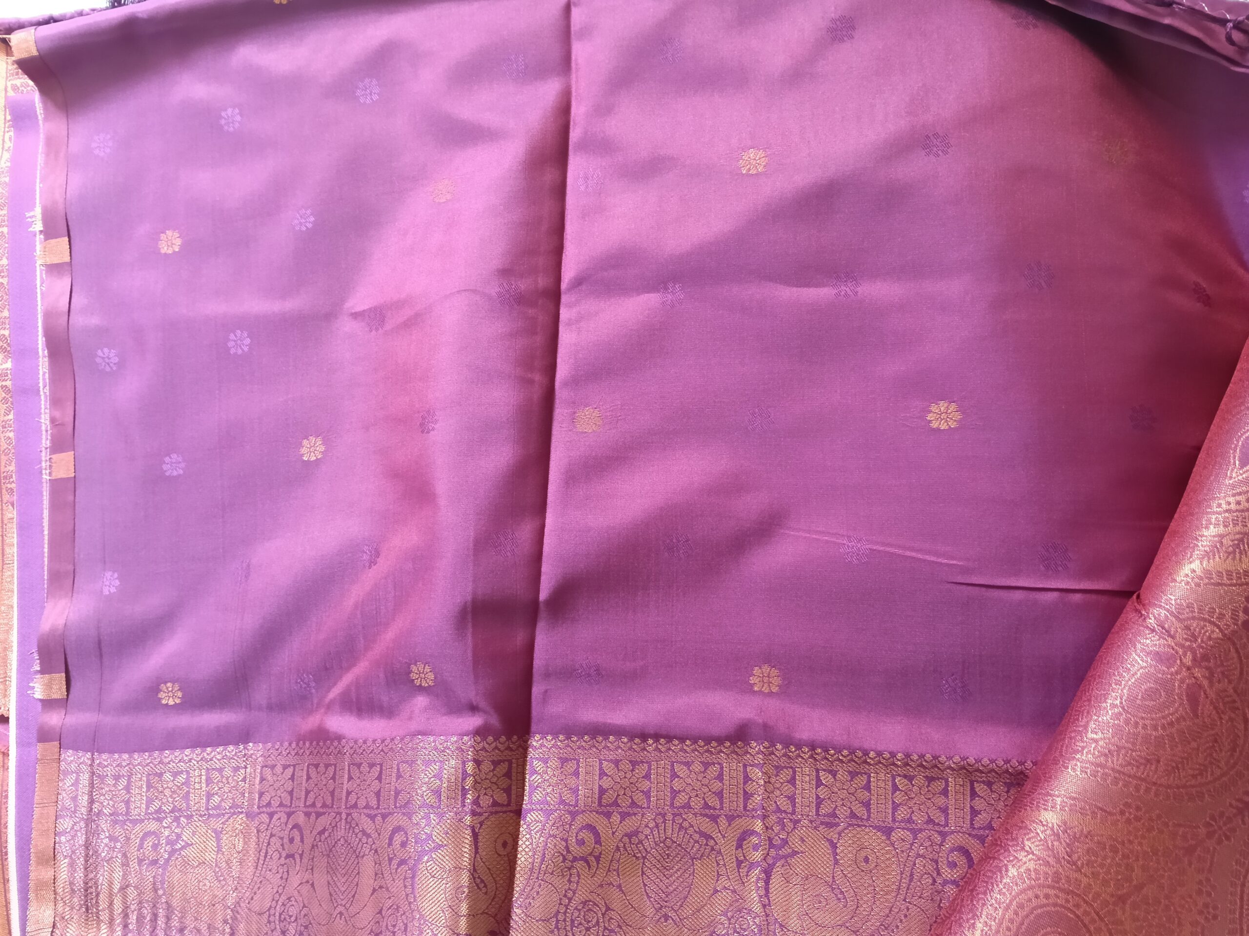 Pink Semi Kanchipuram Saree with Purple-Pallu Gold Parrot & Peacock Prints - Image 6