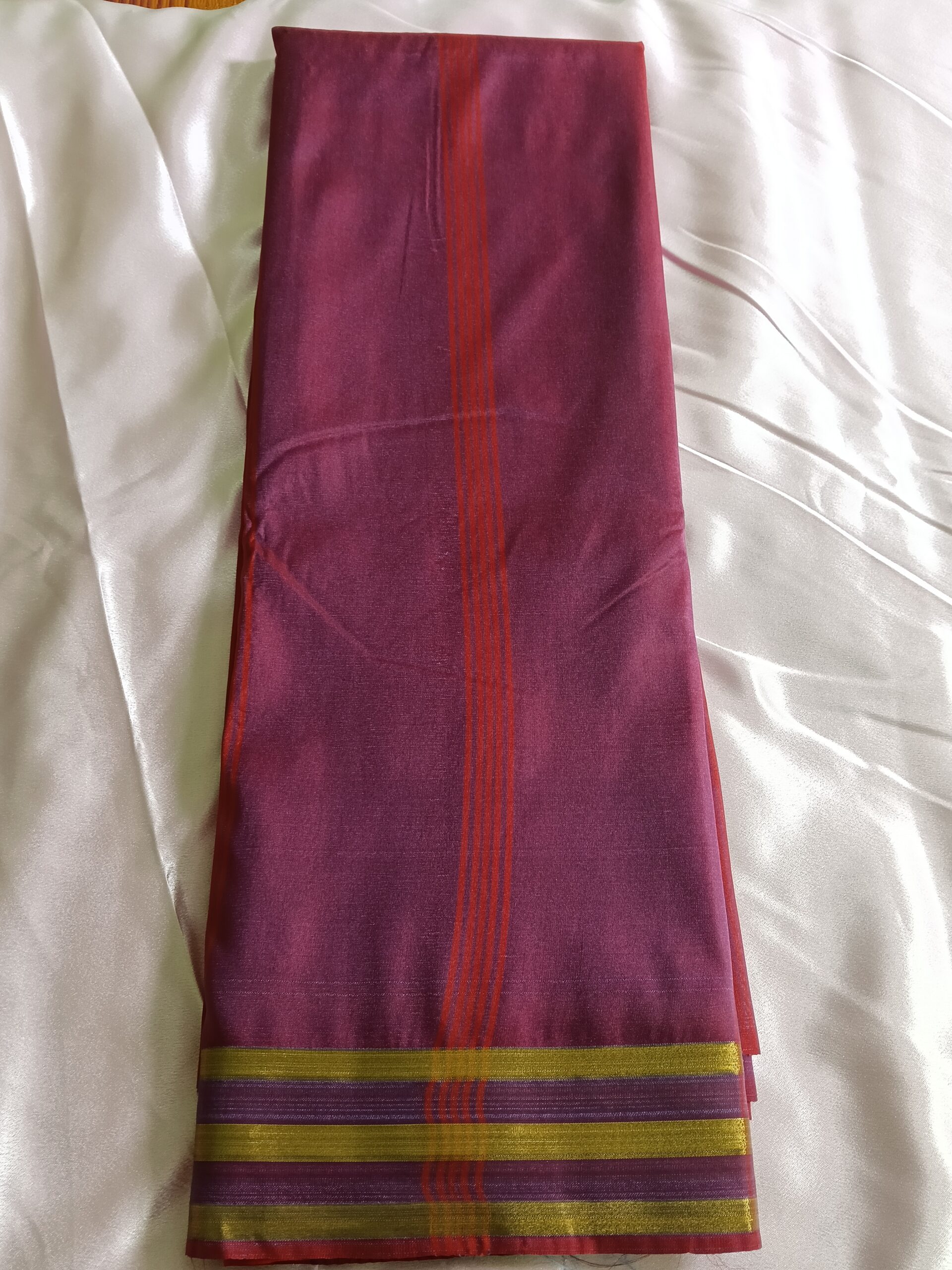 Handloom Semi Silk Yellow Saree with Red Pallu & Purple Border - Image 3