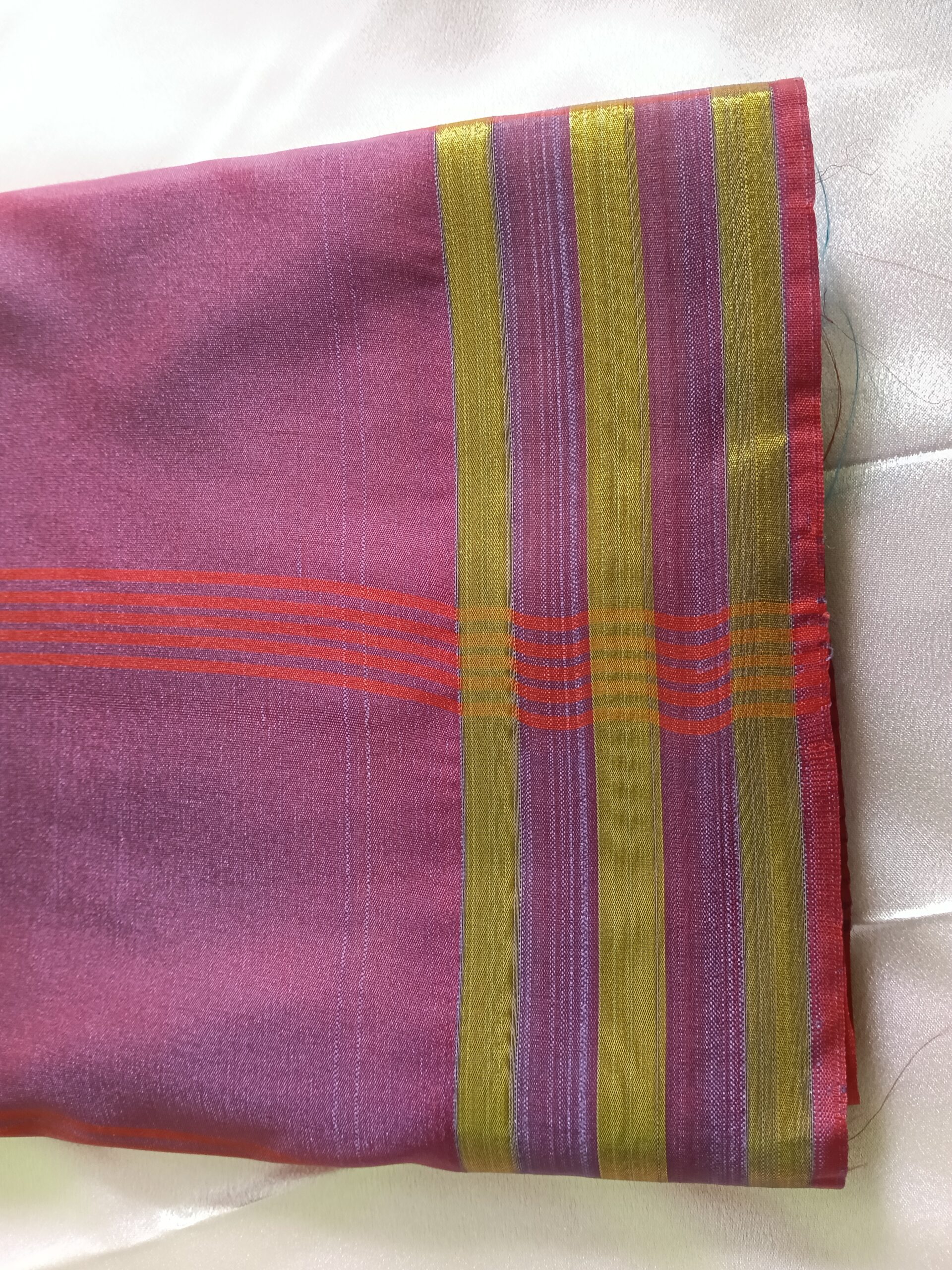 Handloom Semi Silk Yellow Saree with Red Pallu & Purple Border - Image 5