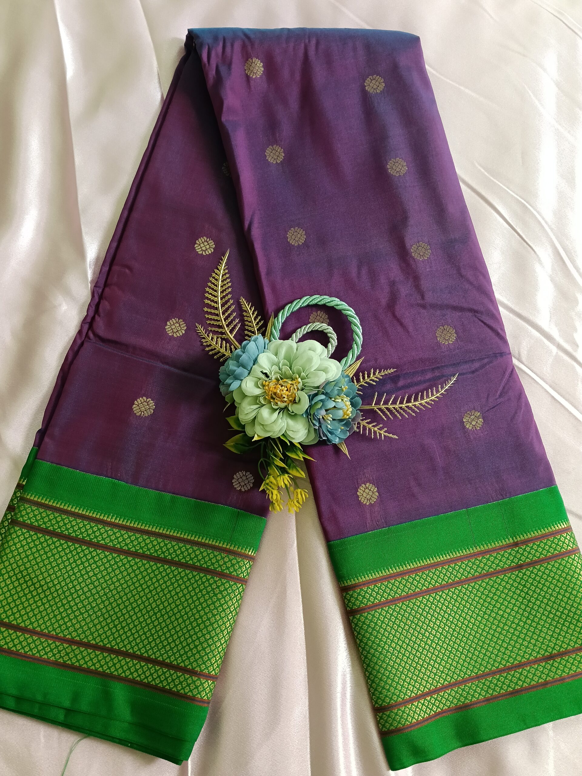 Purple Semi Silk Saree with Green Border - Image 2