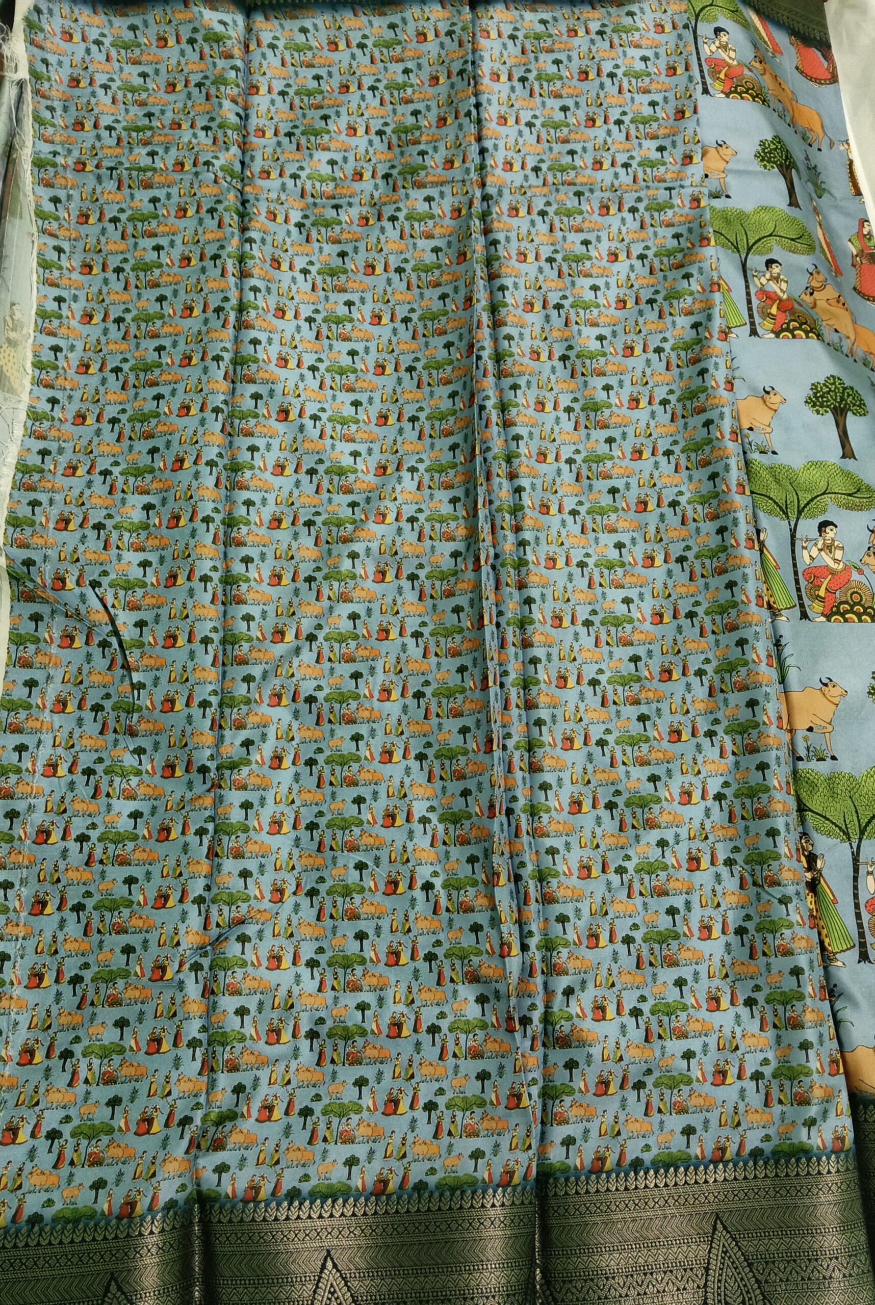 Light Blue Kalamkari Print Crepe Saree - Image 4