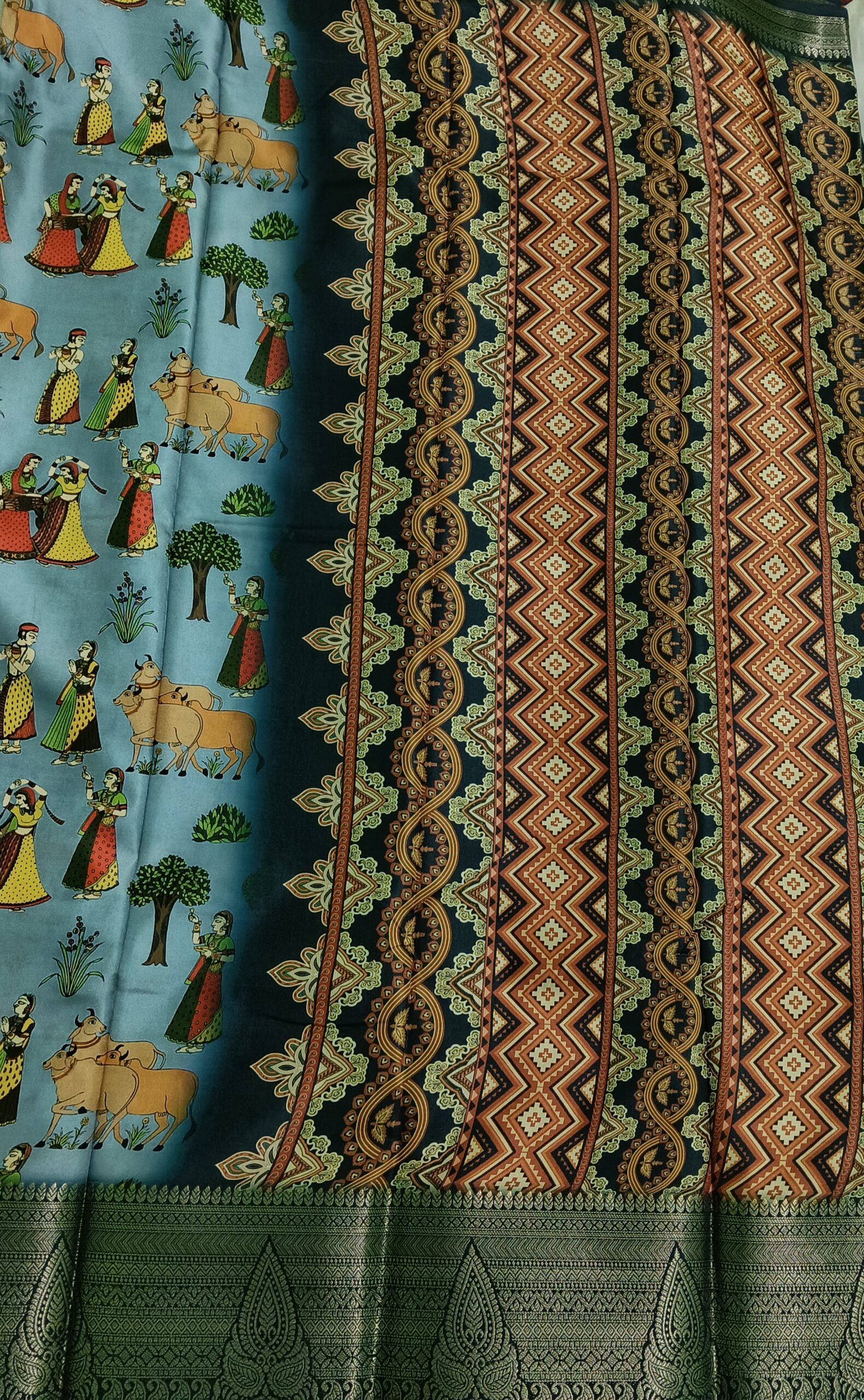 Light Blue Kalamkari Print Crepe Saree - Image 5