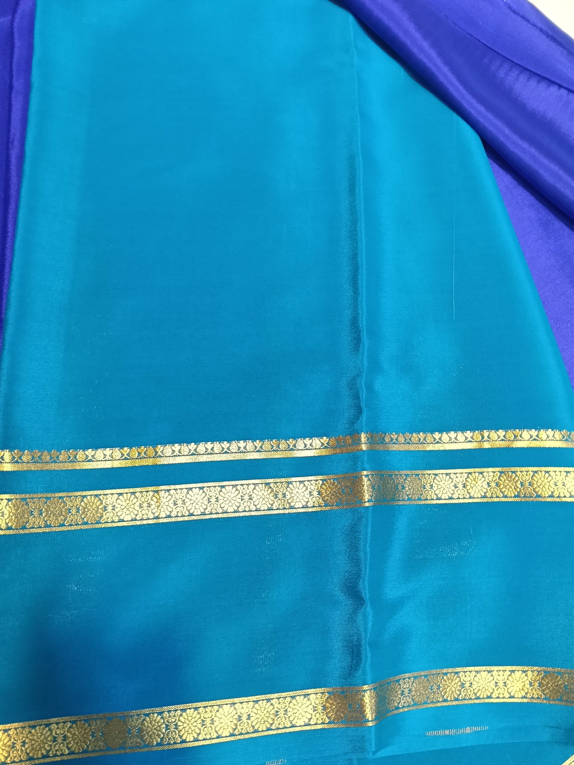 Mysore Crepe Silk Blue Saree with Gold Zari Bentex Border - Image 5