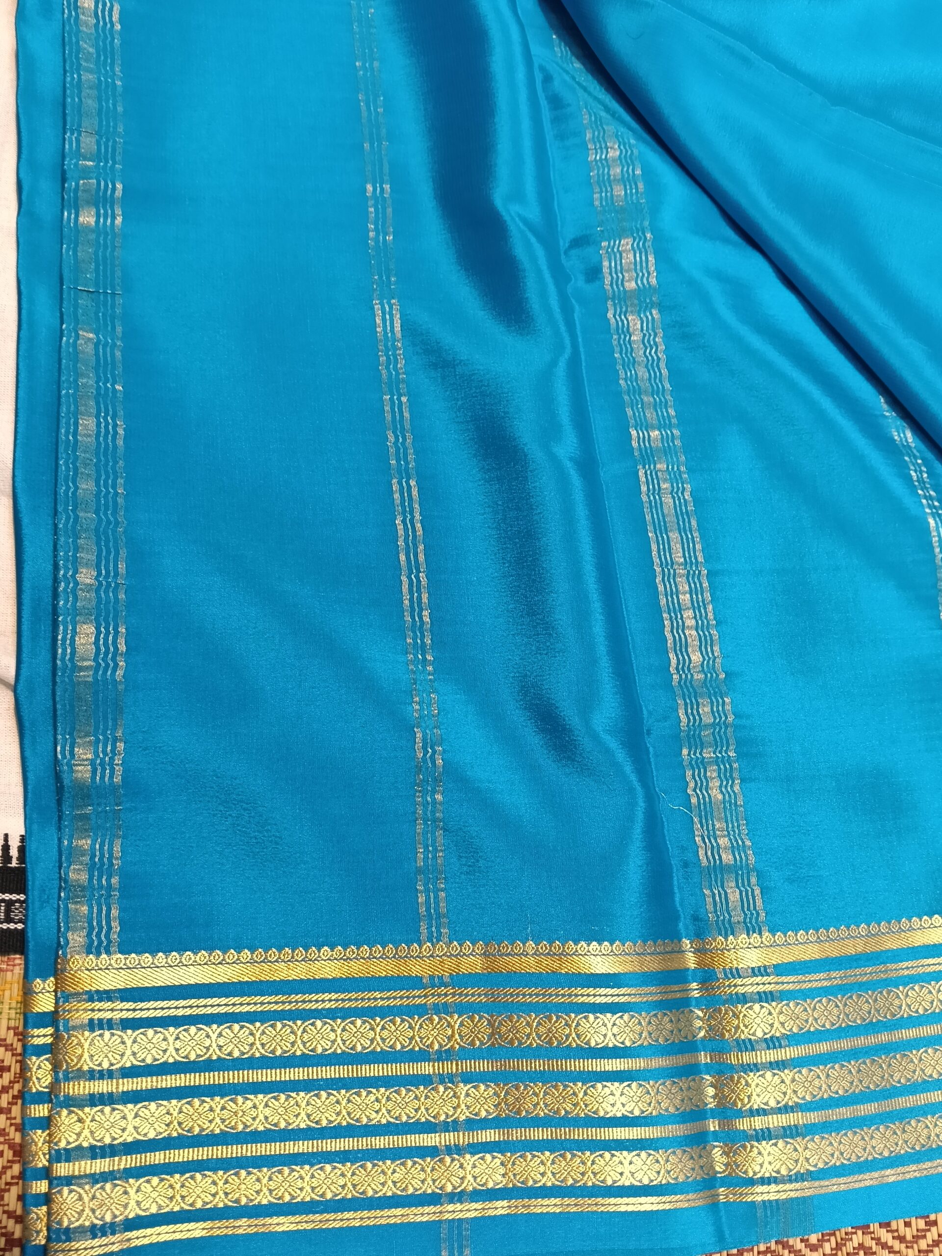 Blue Mysore Crepe Silk Saree with Gold Floral Border - Image 5