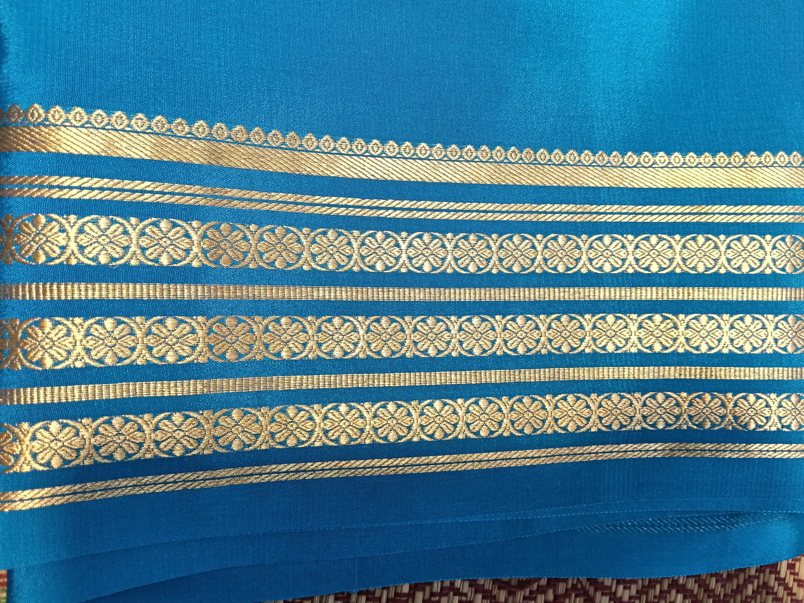 Blue Mysore Crepe Silk Saree with Gold Floral Border - Image 4