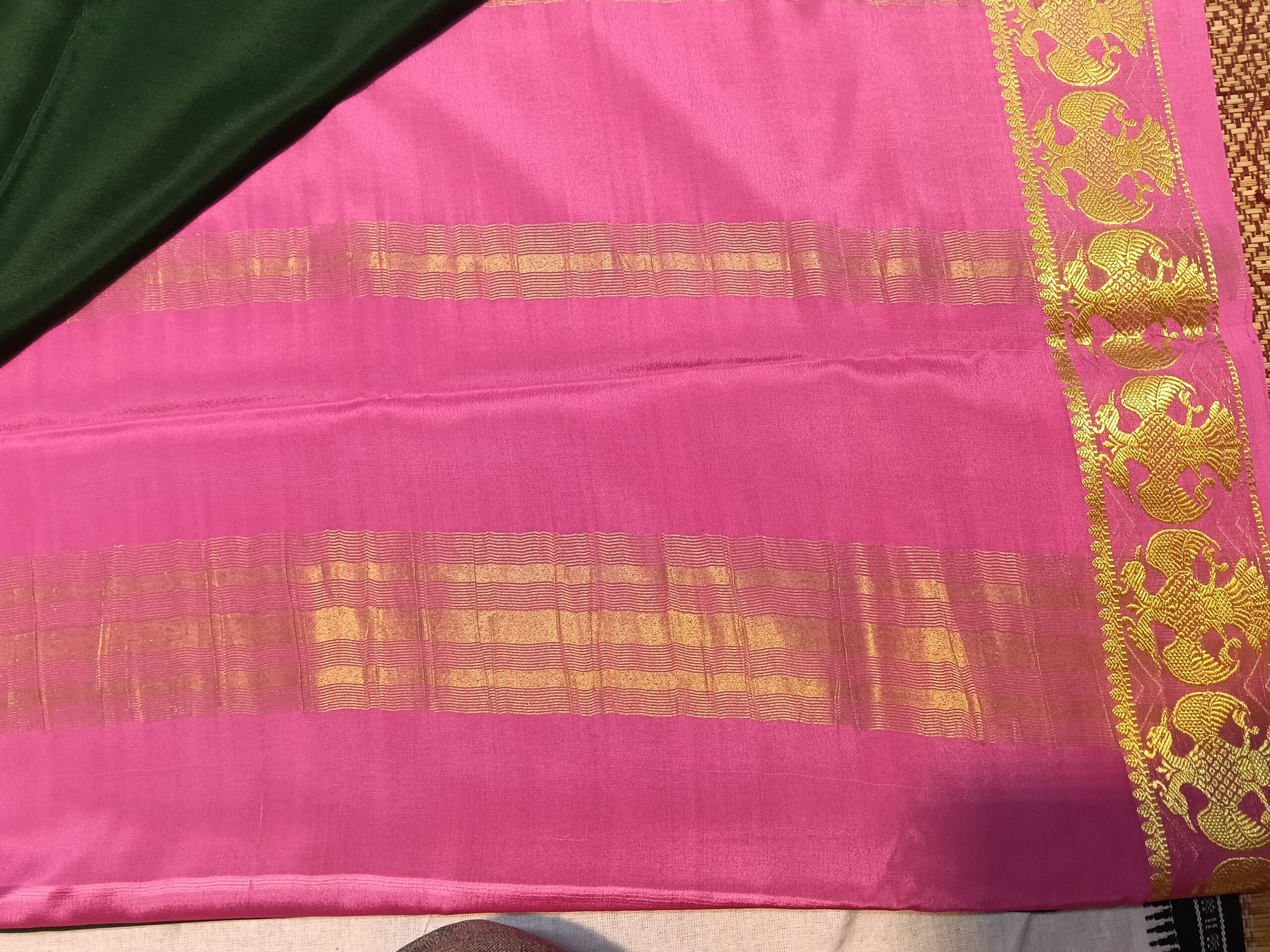 Green Mysore Crepe Silk Saree with Pink Border & Gold Gandaberunda Prints - Image 7