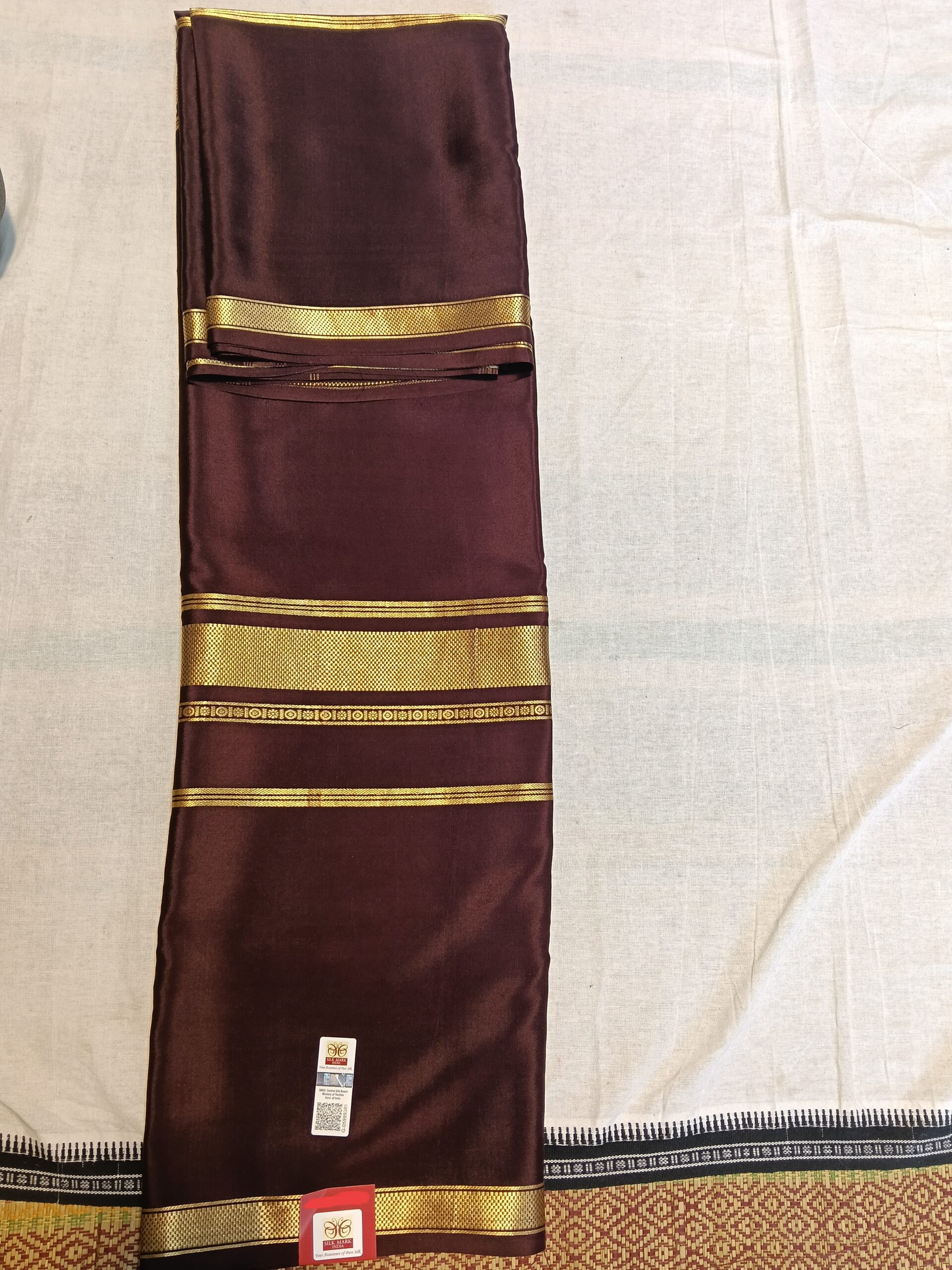Mysore Crepe Silk Brown Saree with Gold Border - Image 3